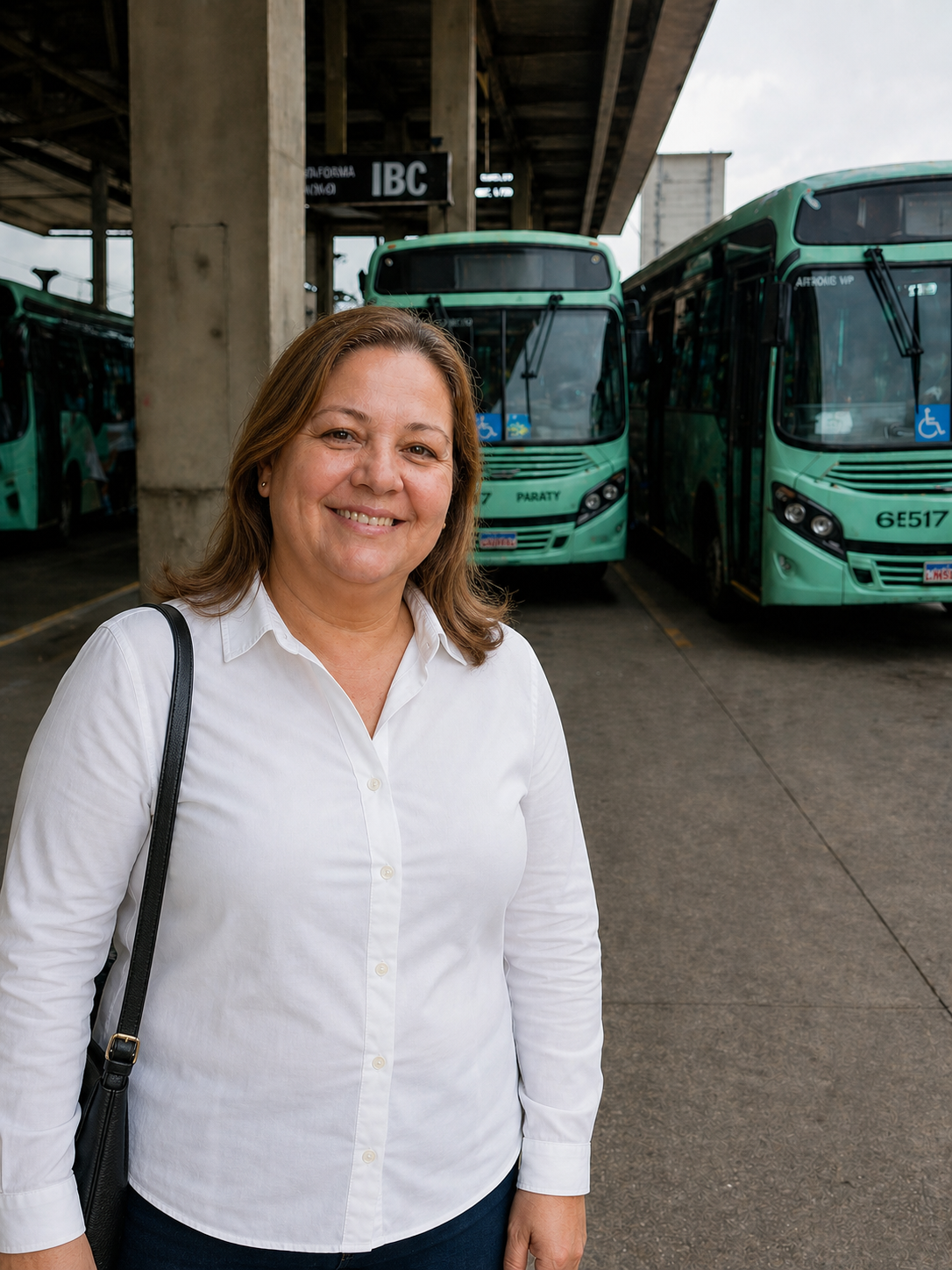 Cidadã de Matão na plataforma de ônibus